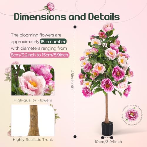Thiccywoov 2 Pack,Pink 4FT Artificial Peony Flower Tree Lifelike Fake Plant - Image 2