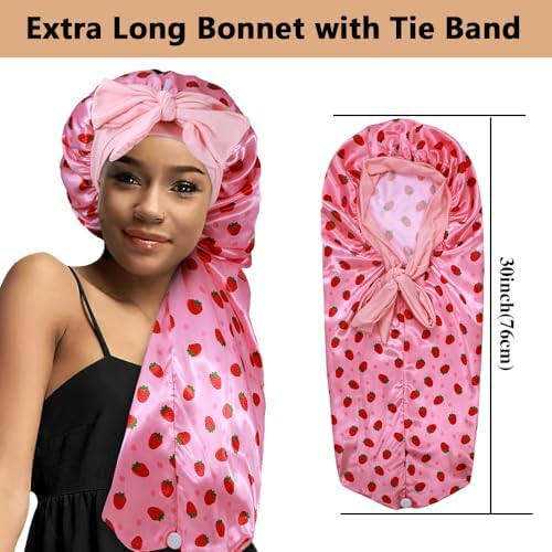 2pcs Long Satin Bonnets with Tie Band, Large Braid Bonnet Silky Hair Cap for Locs Women Sleeping, L - Image 2