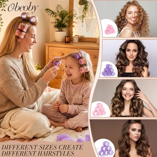 obeoby 4 Sizes Hair Rollers Curler Set with Clips for Women, Pink Purple - Image 4