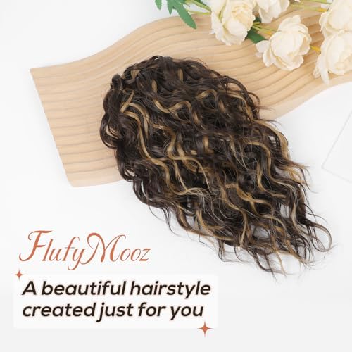Flufymooz Ponytail Extension, 12" Short Claw Ponytail Wavy Curly Jaw Clip in Pony Tails Hair Extension Natural Synthetic Hairpiece for Women (Chocolate Brown with Blonde Highlights) - Image 2