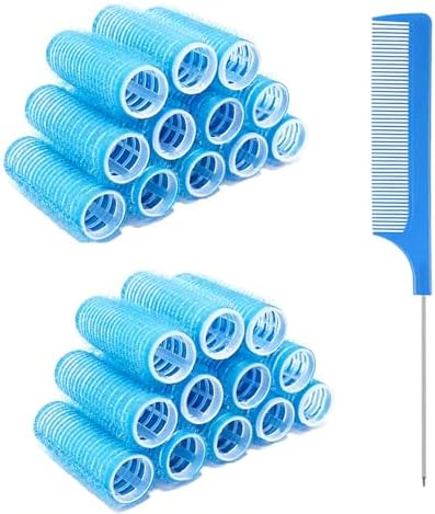 24PCS Self Grip Heatless Roller Set for Pro Salon Hairdressing and DIY Hairstyling - Medium Short Hair Curlers with Rat Tail Comb (0.8in, Light Blue) by MOODKEYbrand