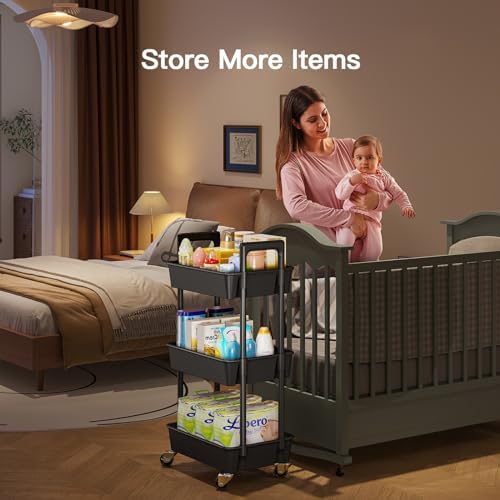 Pipishell 3 Tier Rolling Cart with Handle & Wheels for Storage, Black - Image 3