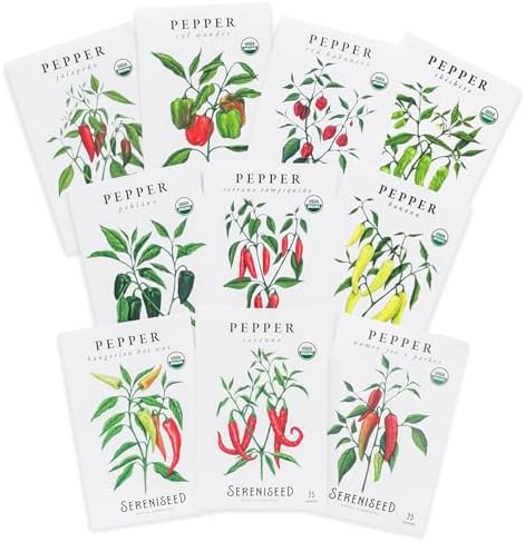 Sereniseed Certified Organic Hot Pepper Seeds (10-Pack) – Non GMO, Open Pollinated – Jalapeño, Cal Wonder, Banana, Serrano, Shishito, Red Habanero, Poblano, Cayenne and More by Sereniseed