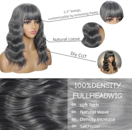 Sebast Pastel Bob Wigs with Bangs for Women Loose Wavy Wig Pastel Wavy Shoulder Length Bob Synthetic Cosplay Wig for Girl Colorful Costume Wigs (Salt Pepper) - Image 3