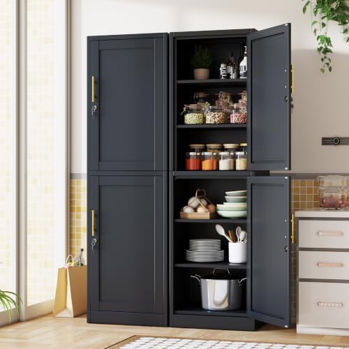 Tall Metal Narrow Bathroom Storage Locker Cabinet 67" H,Black Kitchen Pantry Cabinets with 4 Adjustable Shelves and 2 Lockable Doors,File Cabinet Organizer for Kitchen Home Office Living Dining Room - Image 3