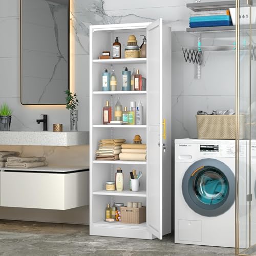 Tall Metal Narrow Bathroom Storage Locker Cabinet 67" H, White Kitchen Pantry Cabinets,File Cabinet Organizer with 5 Adjustable Shelves and Lockable Doors for Kitchen Home Office Living Dining Room - Image 3