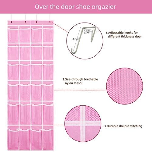 SAVERHO 2 Pack Hanging Shoe Organizer, Over Door Shoe Organizer with 24 Mesh Large Pockets Shoe Storage Bag for Closet Entryway Dorm, Space Saving Hanging Door Shoe Rack Organizer (Pink-2pack) - Image 4