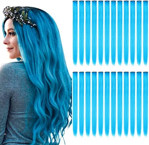 Kyerivs 24PCS Blue Hair Extensions for Girls 20Inch Rainbow Clip in Straight Synthetic Hairpieces for Girls Party Highlights Colorful Hair Accessories Halloween Gifts for Women Easter Basket Stuffers by Kyerivs