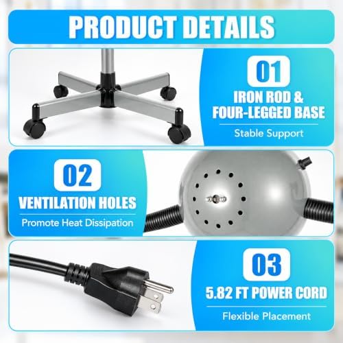 750W Standing Hooded Hair Dryer with 5 Infrared Lamps, Adjustable Height Salon Hair Steamer with Rolling Base, Stand Up Hair Dryer for Perming, Coloring, Conditioning & Hair Styling, 110V - Image 6