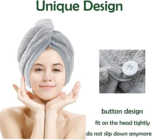 M-bestl 2 Pack Hair Towel Wrap,Absobent Hair Drying Towel with Buttons, Microfiber Hair Towel Wrap to Dry Hair Quickly (Beige&Gray) - Image 3