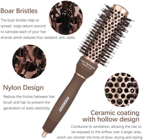 FIXBODY Round Hair Brush with Boar Bristles, Nano Thermal Ceramic, Ionic Tech and Anti-Static, Roller Hairbrush for Blow Drying, Curling, Straightening (2.5 inch, Barrel 1.25 inch) - Image 3