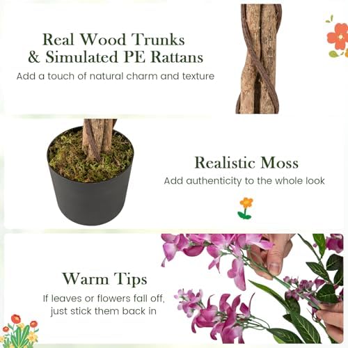 Goplus 5.5FT Ficus Artificial Tree, 2 Pack Faux Wisteria Tree in Nursery Pot with Blooming Flowers, Fake Potted Tree Greenery Floor Plant for Indoor Home Office Porch Living Room Decor - Image 5