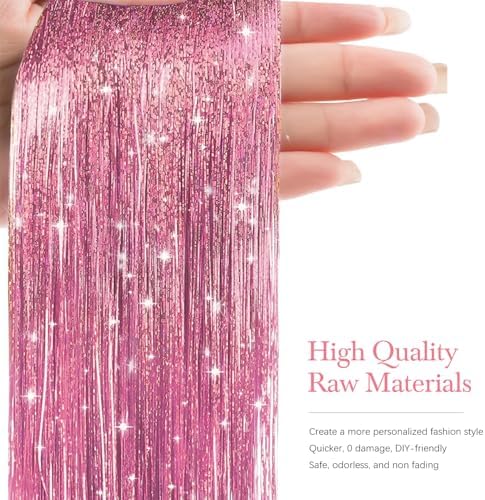 Hair Tinsel 8 Packs 1600 Strands 50 Inch Tinsel Hair Extensions Rouge Pink Heat Resistant Glitter Sparkling Shinny Fairy Hair Accessories for Women(Rouge Pink, 50Inch) - Image 2