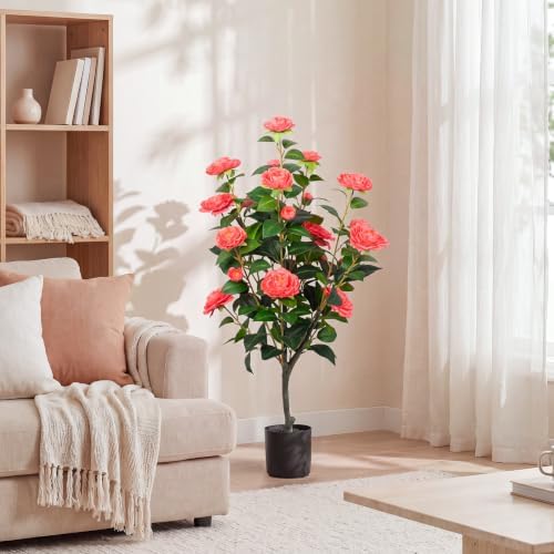 2 Pack 34'' Artificial Camellia Tree with 20 Pink Flowers - Image 2