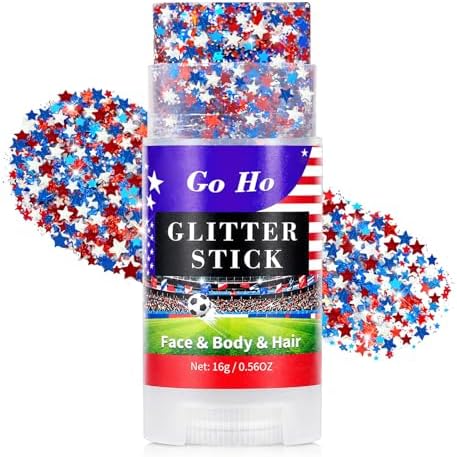 Go Ho Red White and Blue Star Face Glitter Stick,Waterproof Body&Hair Glitter,4th of July Accessories,Patriotic USA Flag Sparkle Stick for Soccer Game Independence Day 250 Anniversary Makeup by GoHo
