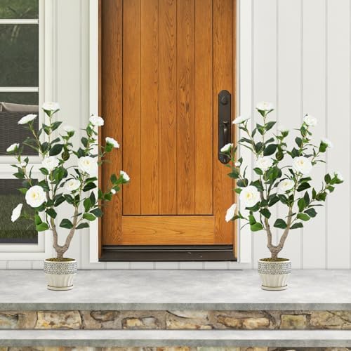 Goplus 36’’ Artificial Camellia Tree, Flower Plants Artificial Tree - Image 2