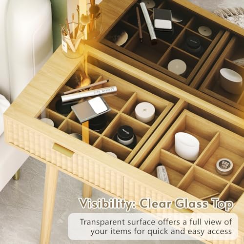 49" Wood Vanity Desk with Mirror and Lights, Boho Fluted Makeup Vanity Table with Modern Glass Top, Charging Station, 5 Drawers, 2 Cabinet with Adjustable Shelves, Salon Station, Natural Oak - Image 3