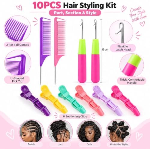 Hair Braiding Tool Kit,10-Piece Hooks,Combs and Pastel Clips - Image 7
