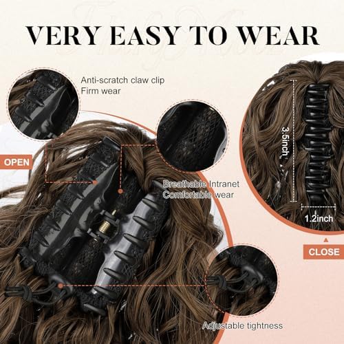 FLUFYMOOZ Ponytail Extension, 12" Short Claw Ponytail Extension Wavy Curly Jaw Clip in Pony tails Hair Extension Natural Synthetic Hairpiece for Women (Medium Brown Auburn) - Image 4