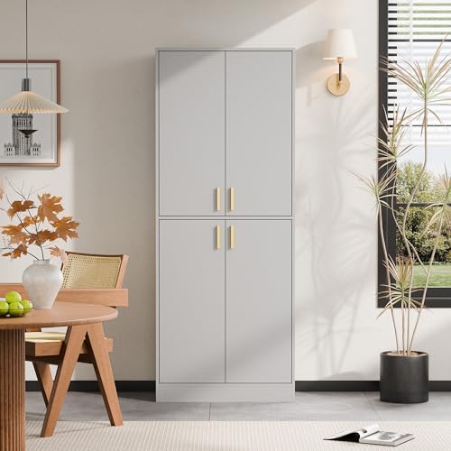 Cozy Castle Kitchen Pantry Cabinet, 71" Tall Wood Storage Cabinet with Doors and Shelves 4 Doors Freestanding Cupboard for Dining Room Living Room Furniture, Gray - Image 4