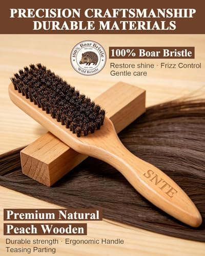 Peach Wood Boar Bristle Slick Back Hair Brush & Rat Tail Comb Set - Controls Frizz, Smooths Flyaways, Restores Shine - Creates Sleek Ponytails, Buns & Edge Control, Teasing for Women & Kids - Image 2