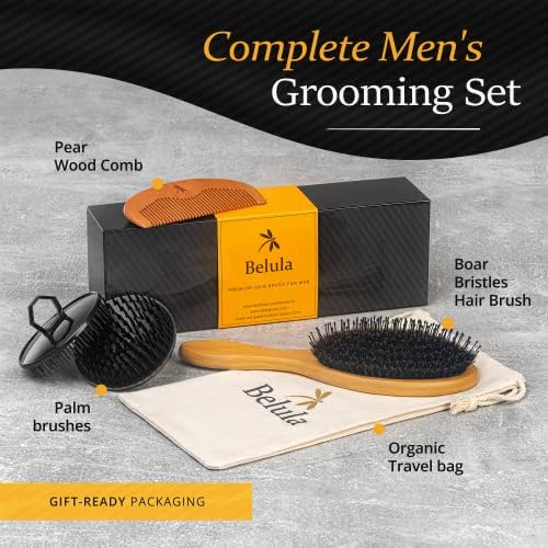 Belula Men's Hair Grooming Set, Boar Bristle and Nylon Pin Brush, Comb, Bag - Image 6