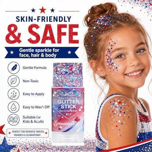 Red White Blue Hair Glitter Stick,4th of July Patriotic America Stripe Star Face Body Glitter,Fourth of July Accessories,Independence Day Waterproof Cheer Glitter Makeup for Women - Image 4