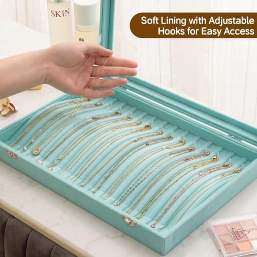 Frebeauty 15 Hooks Necklace Organizer,Velvet Necklace Holder Tray with Lid - Image 5