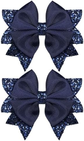 Navy Blue Glitter Hair Bow Alligator Clips 3.5" Aesthetic Ribbon Ponytail Hair Barrettes for Toddler Teen Baby Girls School Kids Birthday Wedding Party Dress Decor Accessories 2pc by KCHIES-AccessoryCollection
