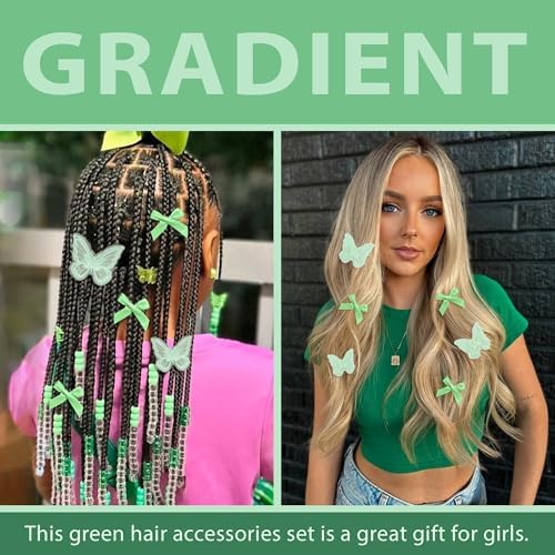 100PCS Hair Beads Green Mini Bow Clips Lace Embroidery Butterfly Hair Clips Acrylic Gradient Pony Beads Cute Loc Hair Accessories for Girls Kids - Image 2