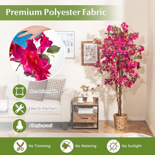 Goplus 6 FT Bougainvillea Artificial Tree, Faux Flower Tree in Pot with 910 Flowers, 105 Leaves, Real Wood Trunk, Tall Fake Floor Plant, Artificial Plants for Indoor Bedroom Living Room Decor - Image 3
