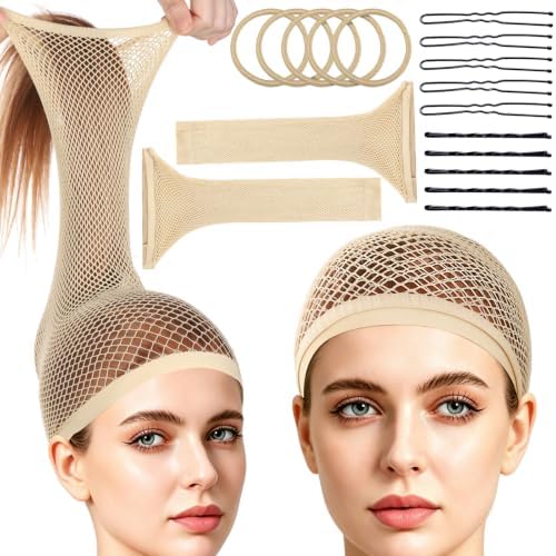 FANDAMEI Wig Cap Set for Long Hair, 2 PCS Large Open End Hair Cap for Wigs, 30 CM Nylon Wig Net Non-Slip Mesh Wig Cap, Wig Caps with 10 Hair Pins 5 Hair Ties for Halloween Rave Cosplay-17 PCS in Total by FANDAMEI