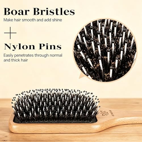 Boar Bristle Hair Brush and Comb Set for Women Men Kids, Best Natural Wooden Paddle Hairbrush and Small Travel Styling Brush for Wet or Dry Hair Detangling Smoothing Massaging - Image 2