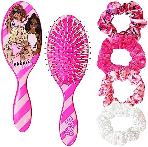 Barbie Hair Accessory 5 Pcs Set - 1 Regular 9 inch Hairbrush & 4 Scrunchies - Detangling Brush Elastic Hair Ties Ropes, Ages 3+ by LUVHERKIDS
