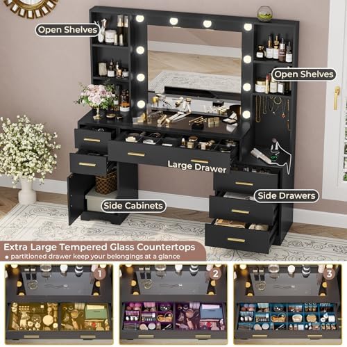 Hasuit 48.8'' Large Vanity Desk with Lighted Mirror & Power Outlet, Black Makeup Vanity Table with 6 Drawers, 4 Shelves and 1 Storage Cabinet, Glass Tabletop Bedroom Dressing Table, 3 Lighting Modes - Image 2