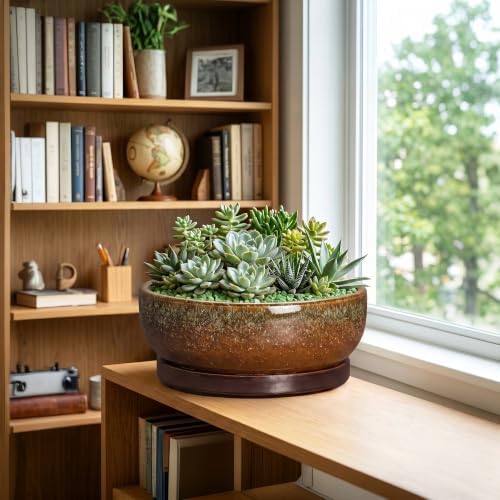 Bonsai Planter, 13 Inch Ceramic Succulent Pots, Speckle Brown - Image 4