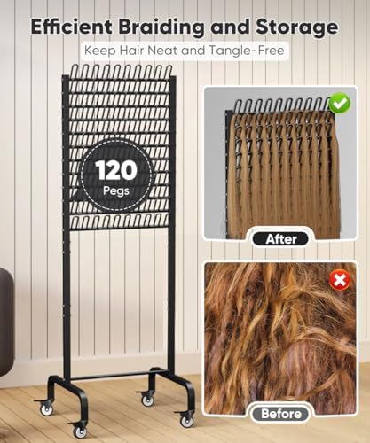 120 Pegs Braiding Hair Rack, Adjustable Hair Separator Stand with Wheels, Hair Extension Holder for Hair Stylists, Braiders, Home, Salon, Beauty School, Black - Image 3