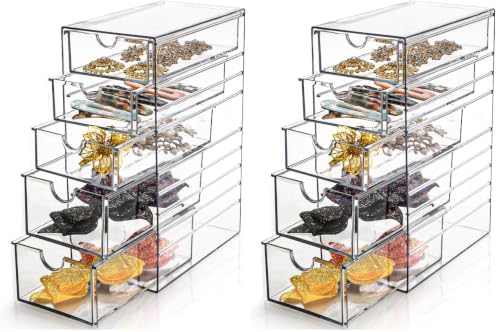 Hair Accessory Organizer, Plastic Clear Hair Tie Storage Box with 5 Drawers, Hair Accessories Container Makeup Organizer Jewelry Holder for Bathroom, Closet Desk, Office (Pack of 2) by Acshio