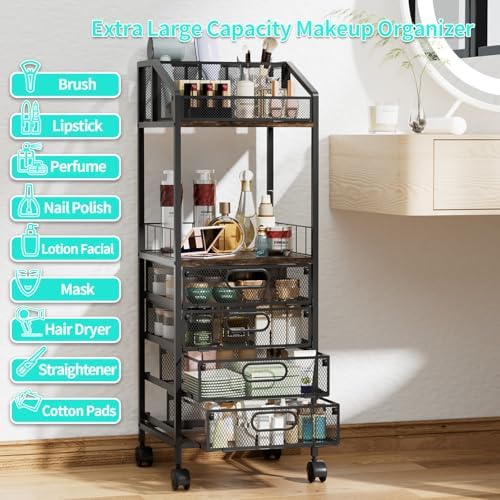 HapiRm Makeup Organizer Storage Cart - Floor Skincare Make Up Storage with 4 Drawers, Rolling Makeup Cart Vanity Organizer Cosmetics Display Cases Holder for Skin Care Perfume Nail Polish - Image 4