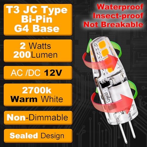 G4 LED Bulb 2W 2700K Warm White AC/DC12V 10W-20W T3 JC Type Bi-Pin, 10 Pack - Image 6