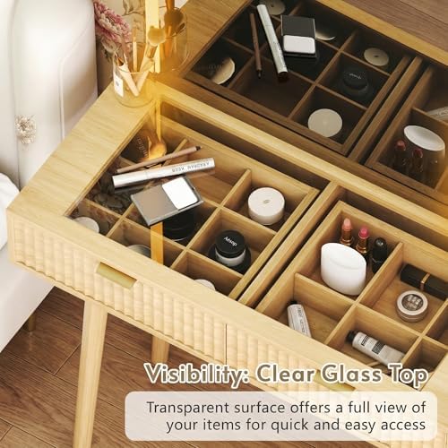 49" Wooden Vanity Desk with Mirror and Lights, Fluted Boho Makeup Vanity Table with Modern Glass Top, Charging Station, 5 Drawers, 2 Cabinet with Adjustable Shelves, Light Wood - Image 3