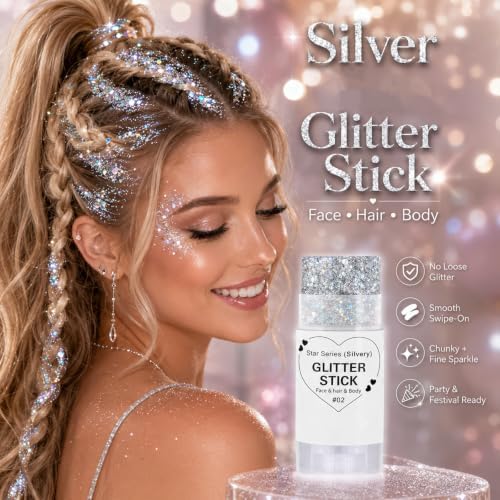 Go Ho Silver Glitter Stick, Sparkly Hair Face Body Shimmer for Women Kids - Image 2