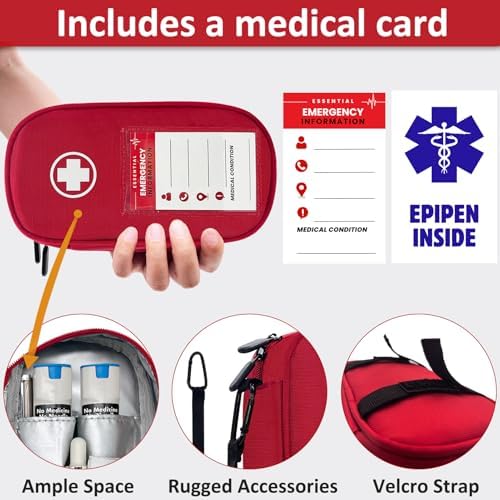 EpiPen Carry Case Insulated,Emergency Medical Bag with Carabiner-for 2 EpiPens,Asthma Inhaler,Auvi-Q,Anti-Histamine,Allergy Medicine,Eye Drops,Diabetes Travel Case(Red) - Image 2