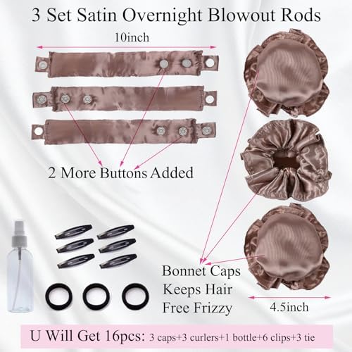 3 Sets Satin Heatless Curling Set Overnight Curls Blowout Rods Soft Hair Curlers to Sleep in Bun Bons Heatless Curls with Bonnet Cap No Heat Headband Silk Roller Wrapper Brown - Image 4
