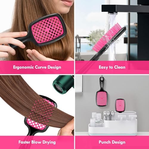 2 Pack Vented Detangling Hair Brush - Detangler Hairbrush with Soft Bristles for Effortless Tangle Free -Ideal for Natural Curly Straight Wet Dry Damaged Hair for Women Men Kids - Magenta - Image 5