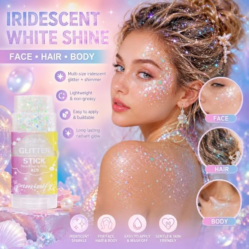 Iridescent White Hair Glitter Stick,Waterproof Face Body Glitter Makeup for Kids and Women, Mermaid Fairy Costume Accessories, Halloween Festival Rave Concert Carnival Party Makeup - Image 2