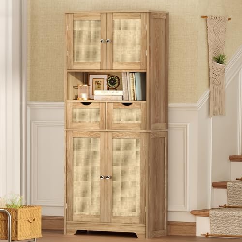 Iwell Tall Storage Cabinet with 2 Drawers & Adjustable Shelves, Rattan Cabinet, Kitchen Storage Cabinet, Pantry Cabinet with 4 Doors, Tall Cabinet for Living Room, Kitchen, Home Office, Natural - Image 5