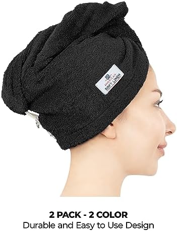 American Soft Linen 100% Cotton Hair Towels for Women, Head Towel Cap, Cotton Hair Turban Towel Wrap for Long Curly Anti Frizz Hair, Soft and Absorbent Cotton Hair Towels 2 Pack, Purple-Black - Image 4