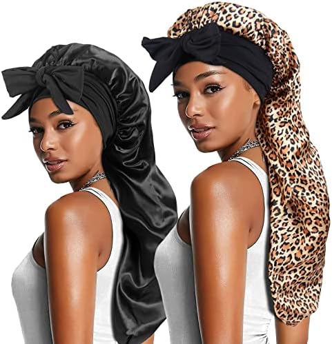 2pcs Long Satin Bonnets with Tie Band, Large Braid Bonnet Silky Hair Cap for Locs Women Sleeping, B by Heniho