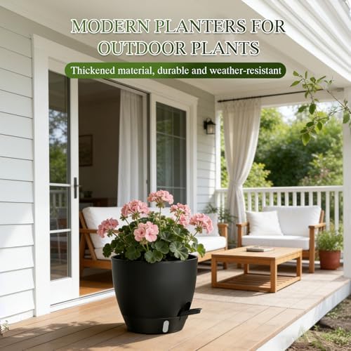 Self Watering Pots with Drainage Holes, 2 Pack 8 Inch Plant Pots with Water Level Indicator Deep Reservoir, Large Plastic Planter for Indoor Outdoor Plants - Black - Image 5